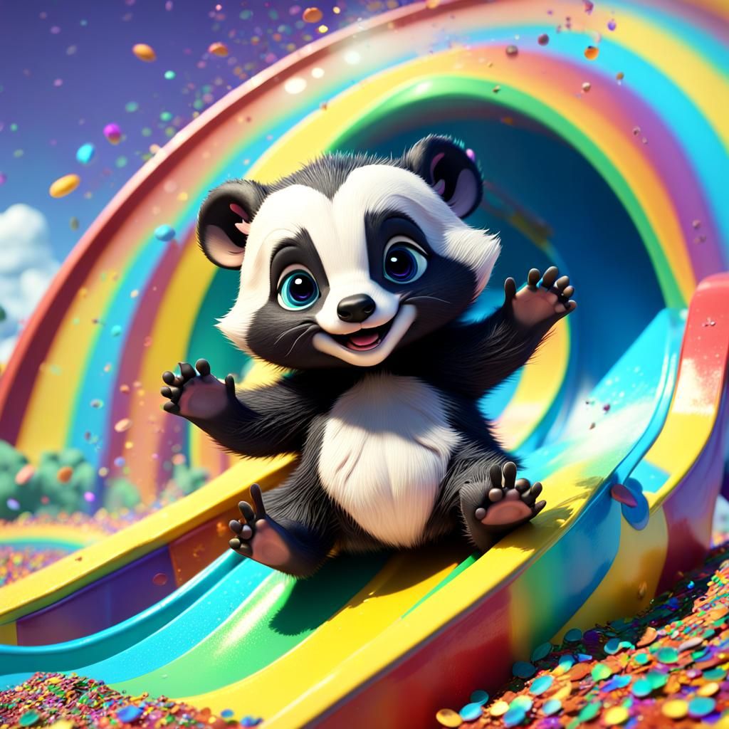 Cute Chibi Badger on Rainbow Slide: 3D Digital Art