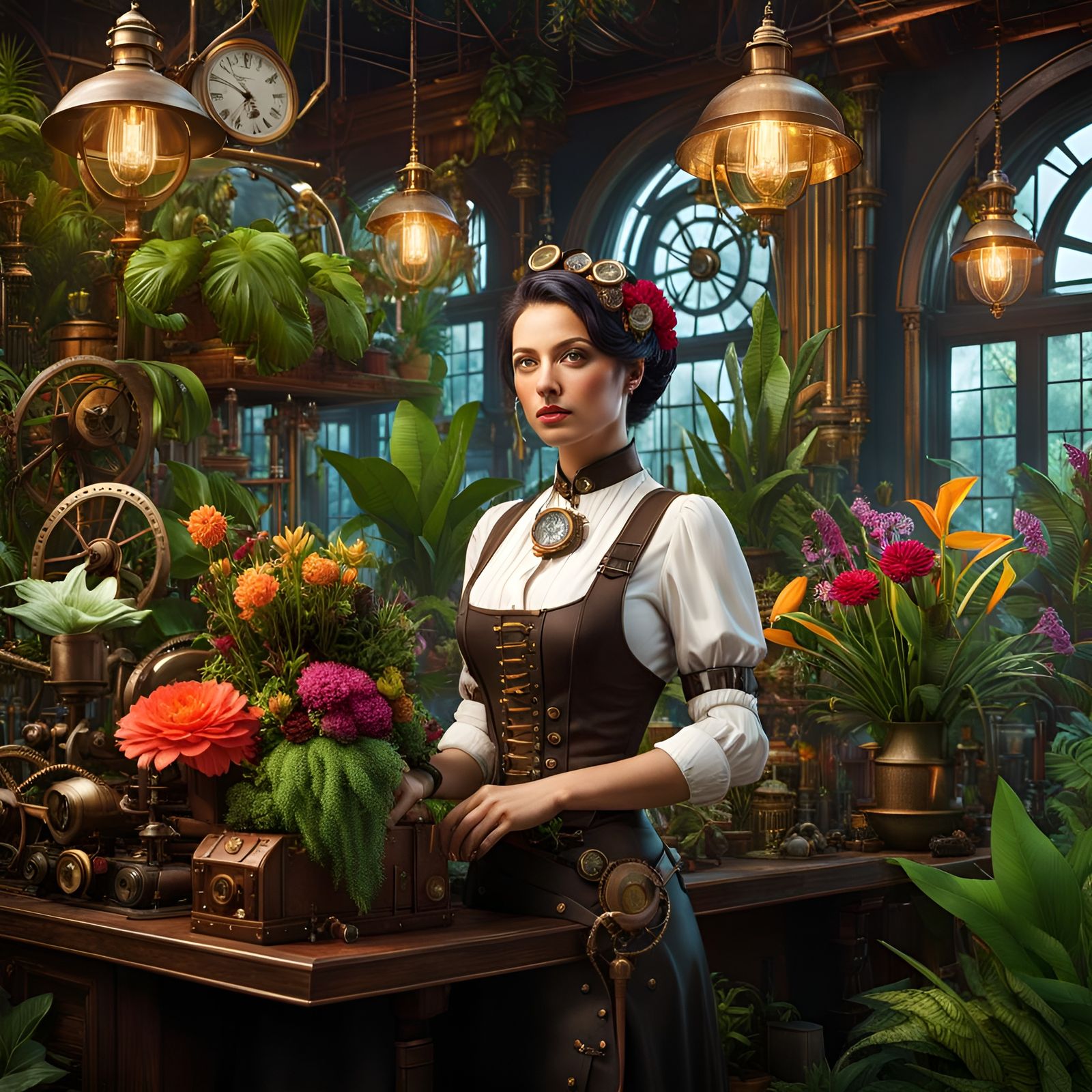Steampunk Florist Portrait in Hyperrealistic Style