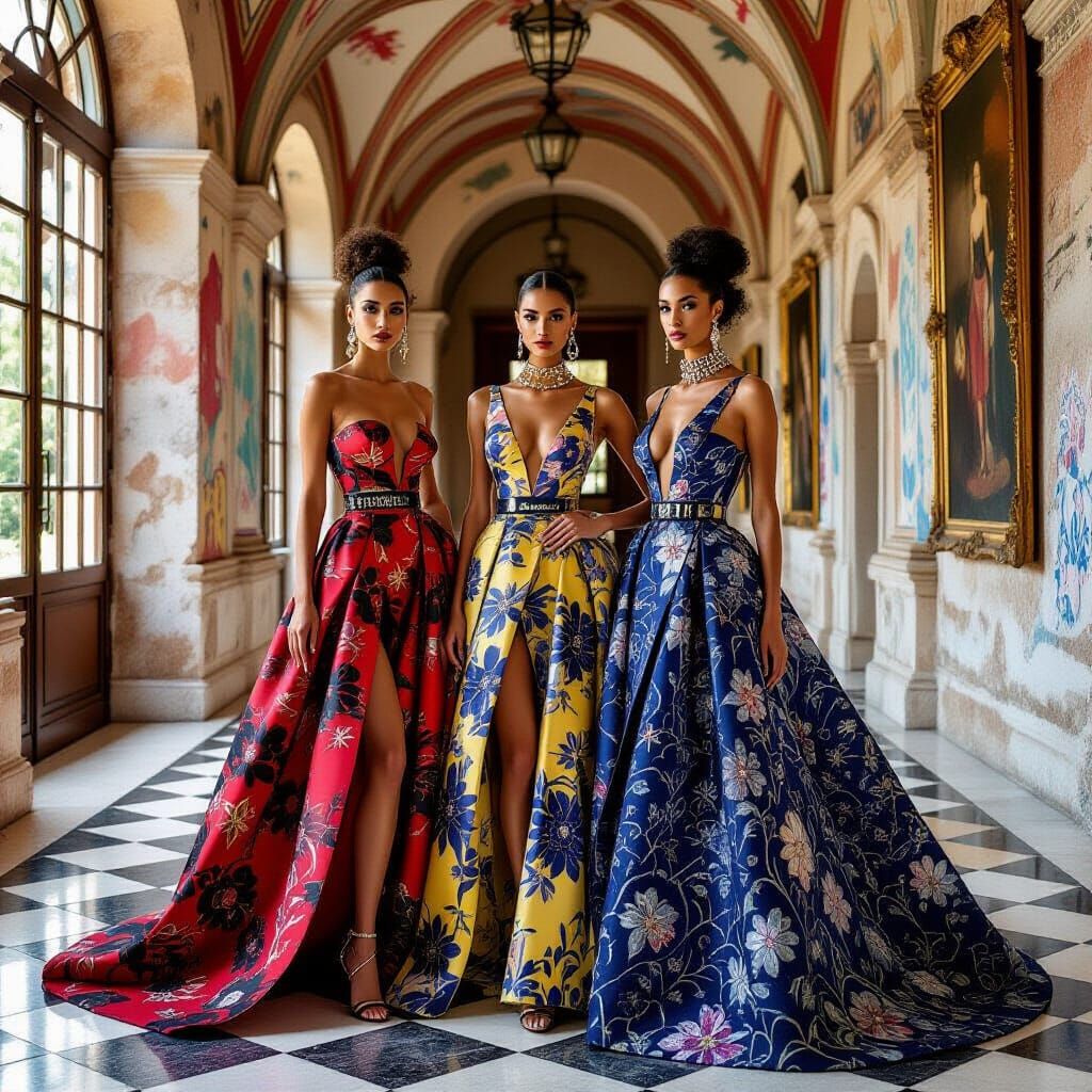 Elegant Women in Open-Front Dresses in Castle Halls