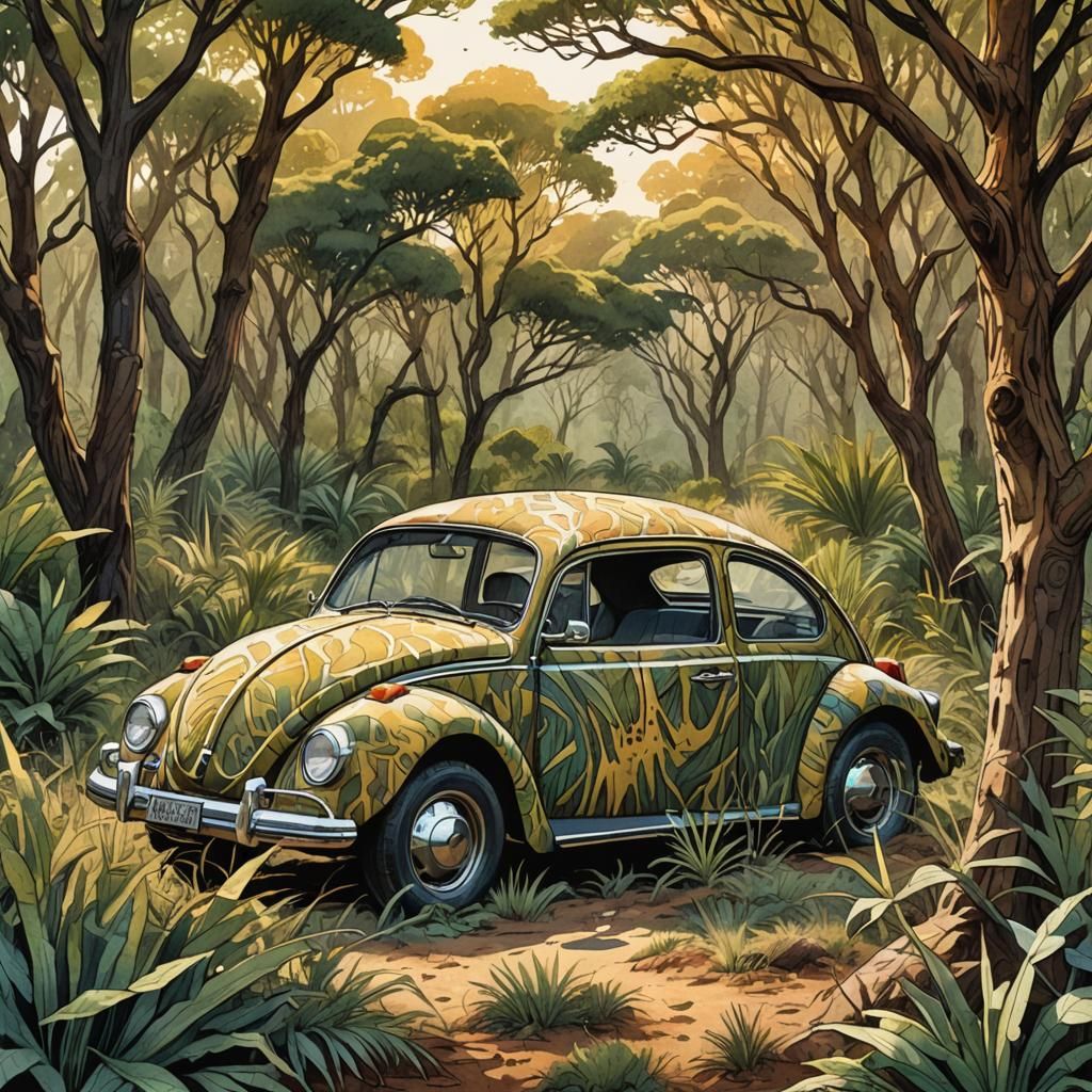 Rhino Beetle in African Bush: Watercolor Comic Art