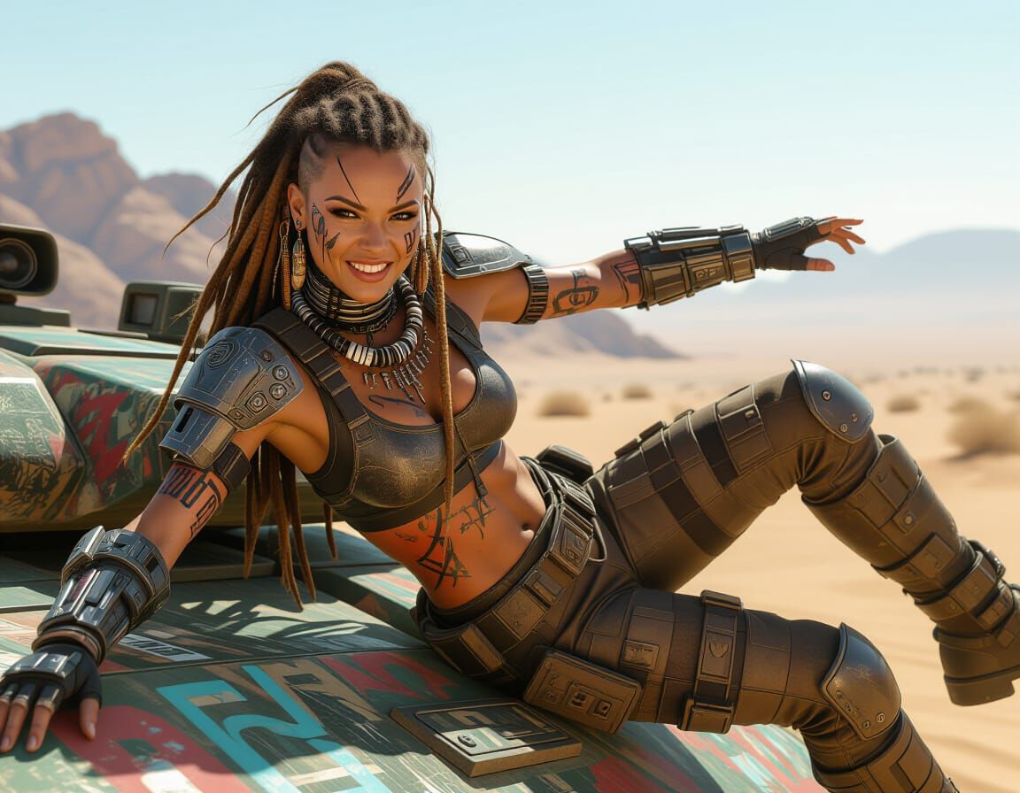 Cyberpunk Warrior Falls Off Tank in Desert