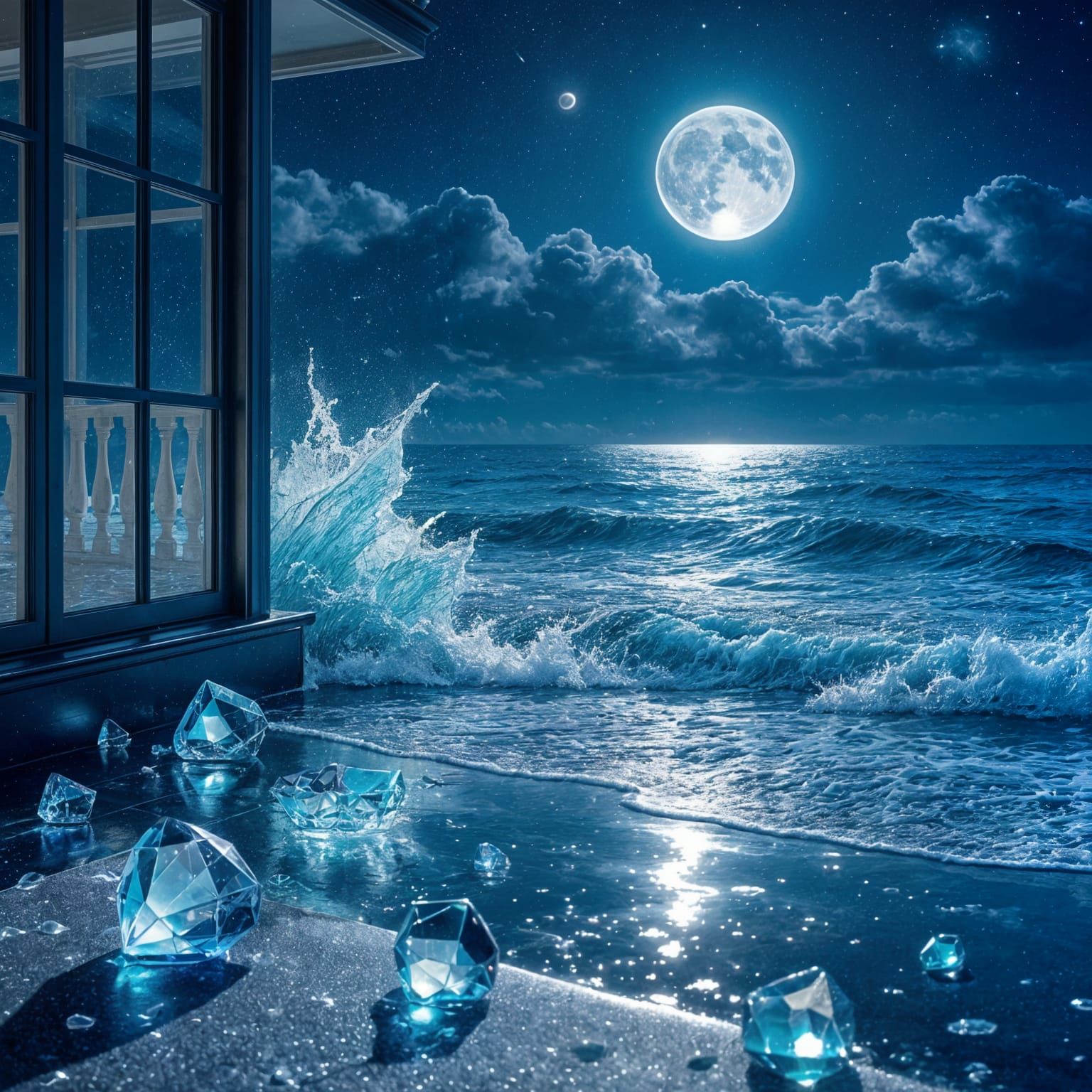 Crystal Glass Waves Refracting Moonlight on a Balcony