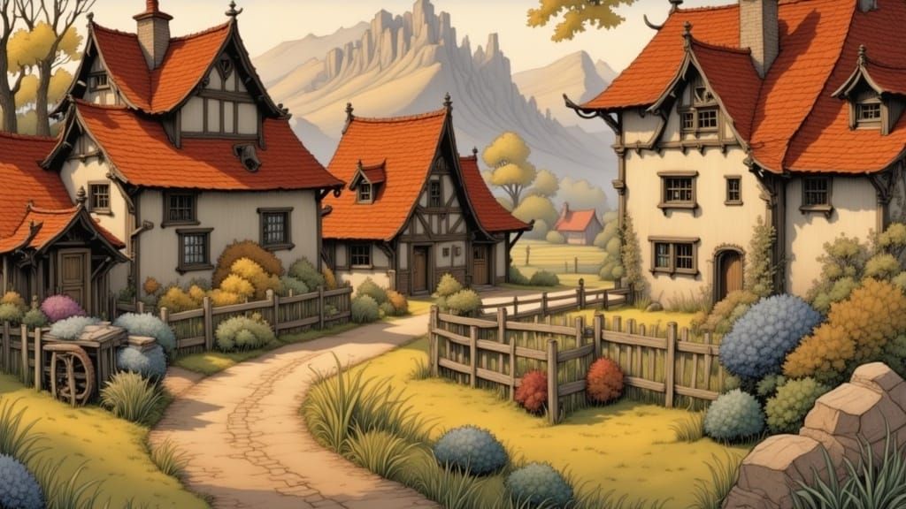 Charming Village Scene in Storybook Style