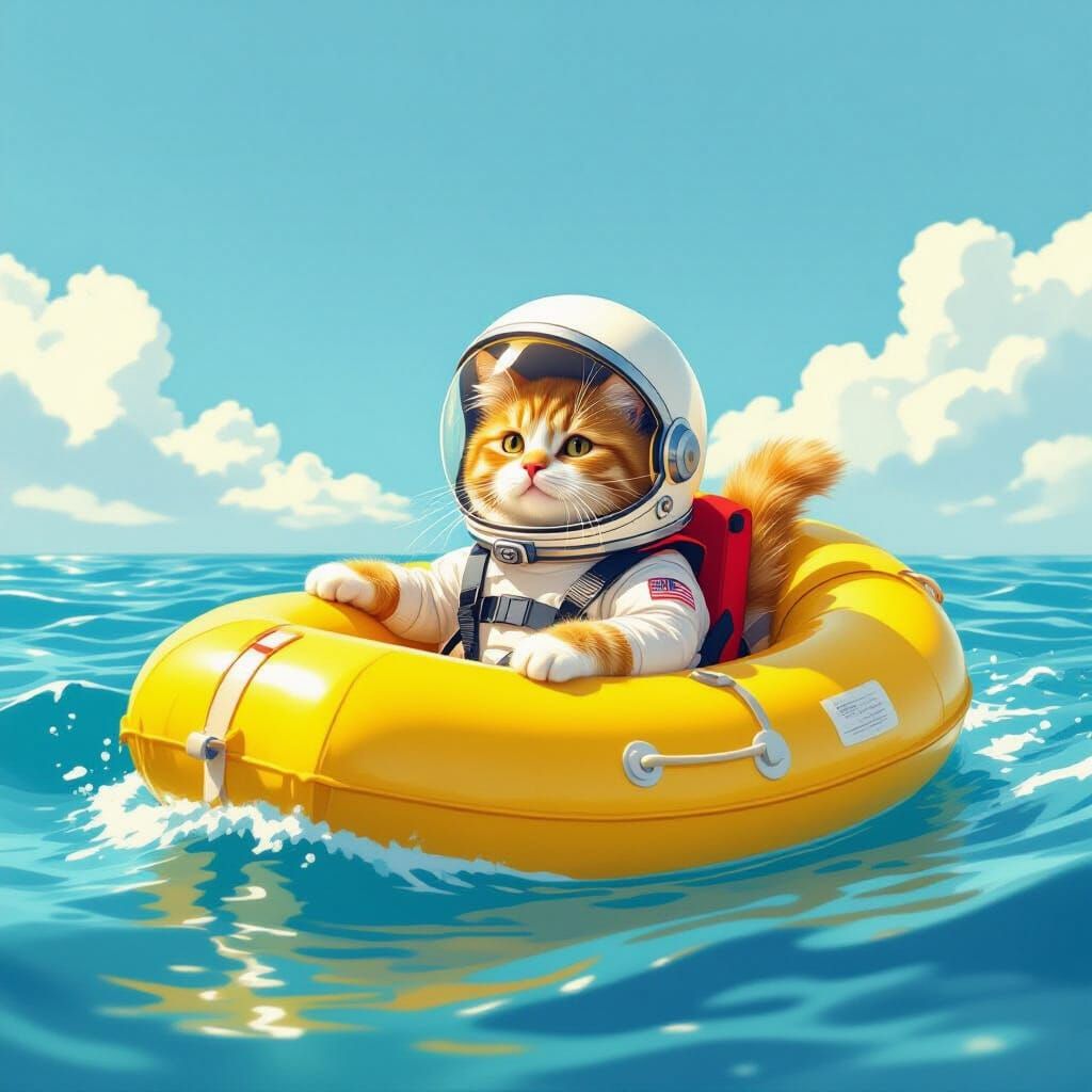 Fluffy Cat Astronaut in Life Raft on Calm Ocean