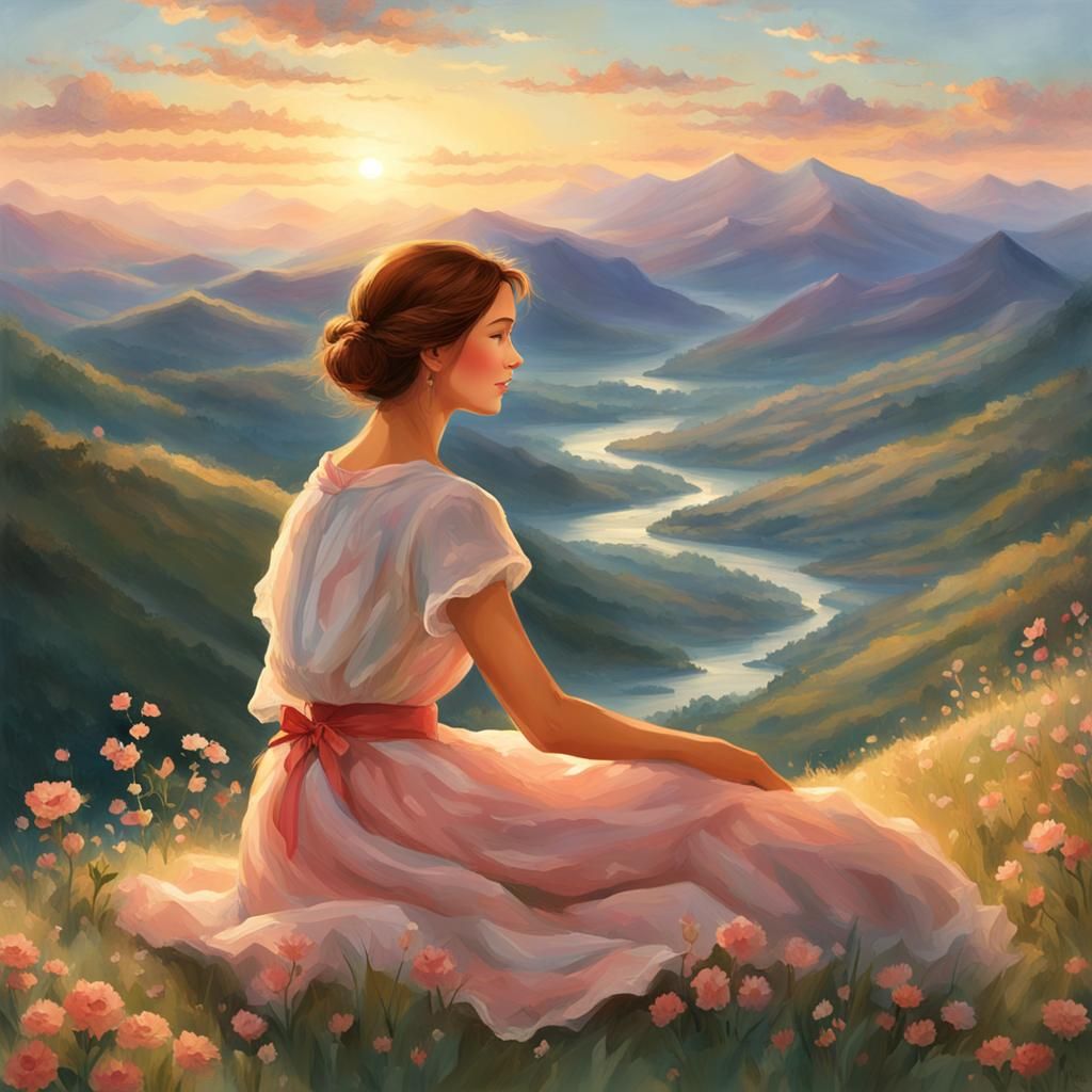 Woman Overlooking Valley at Sunset