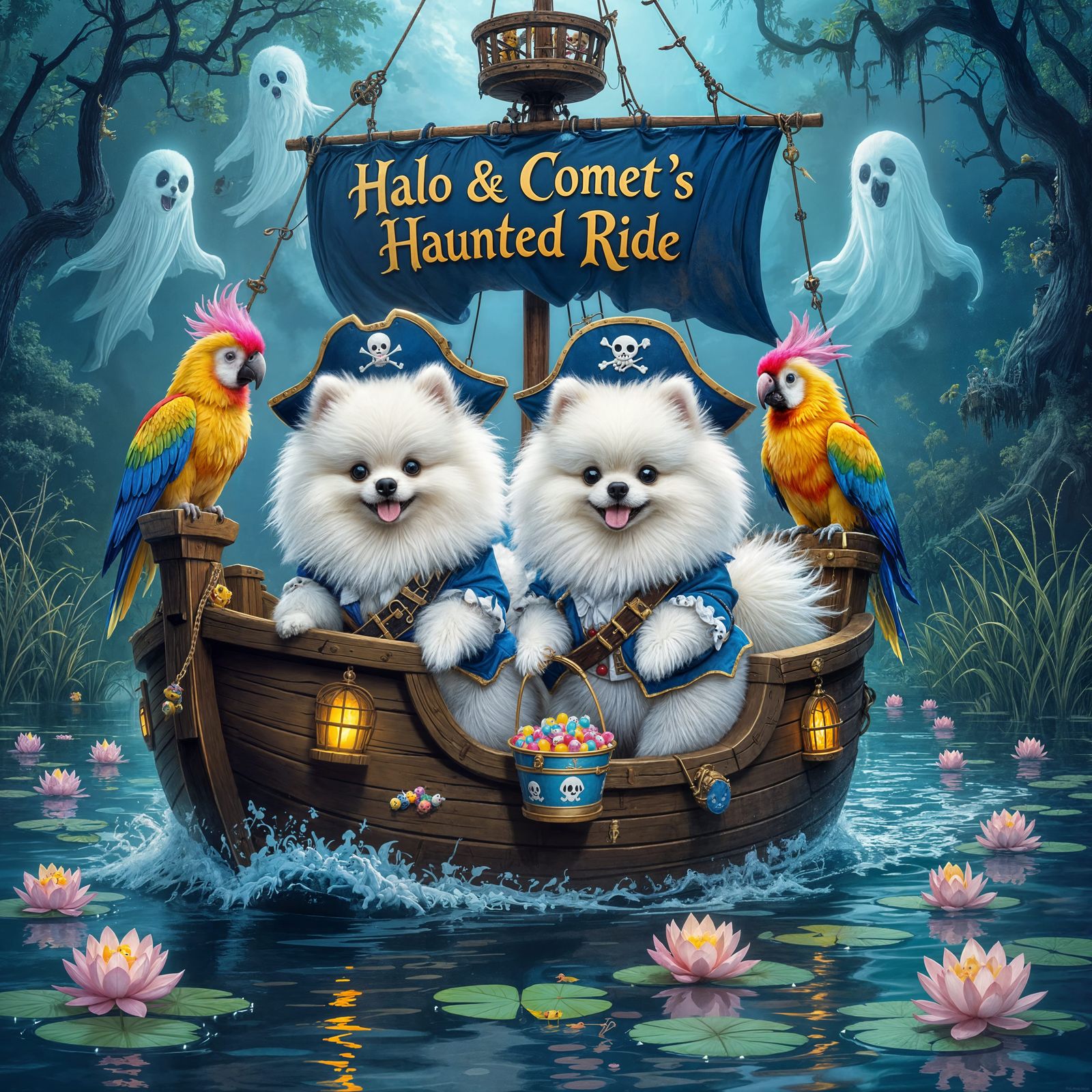 Fluffy Pomeranians on Haunted Pirate Ship Adventure