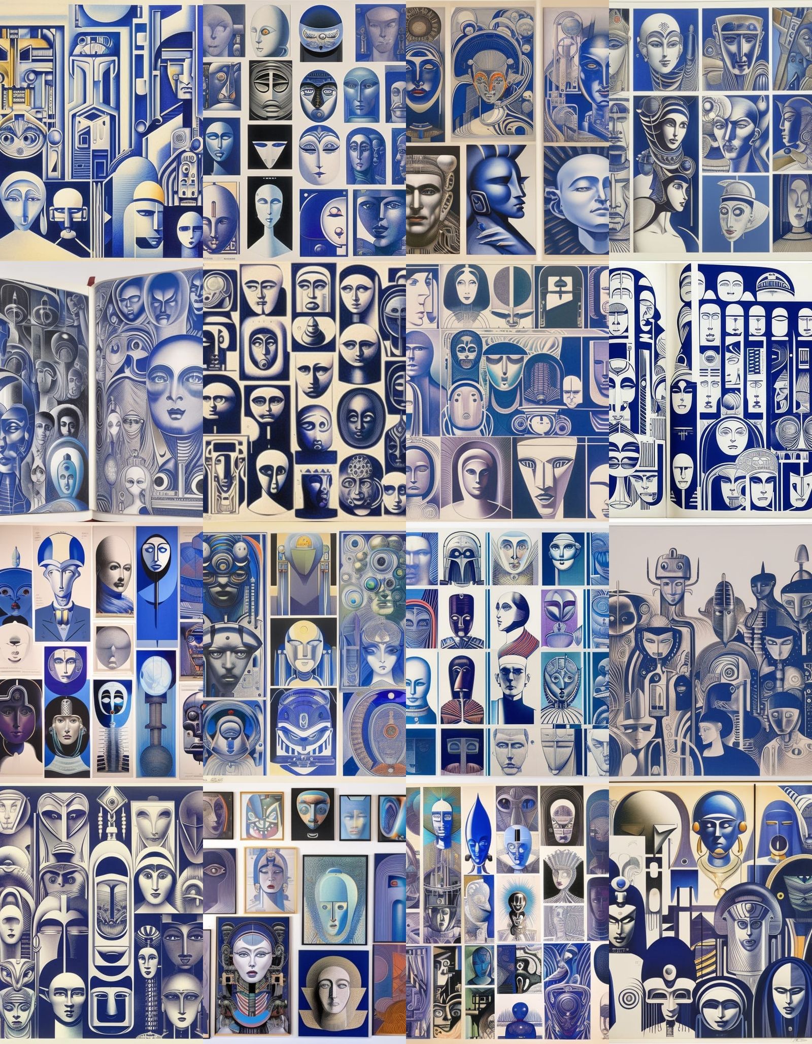 Blue Ink Drawings of Humanoids, Robots, and Aliens