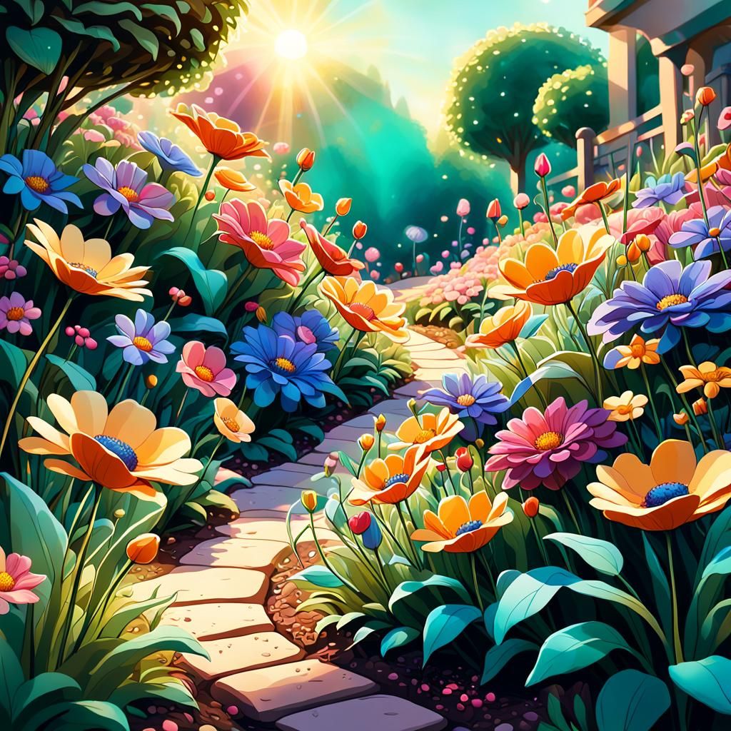 Lush Flowerbed in Whimsical Garden: Digital Illustration