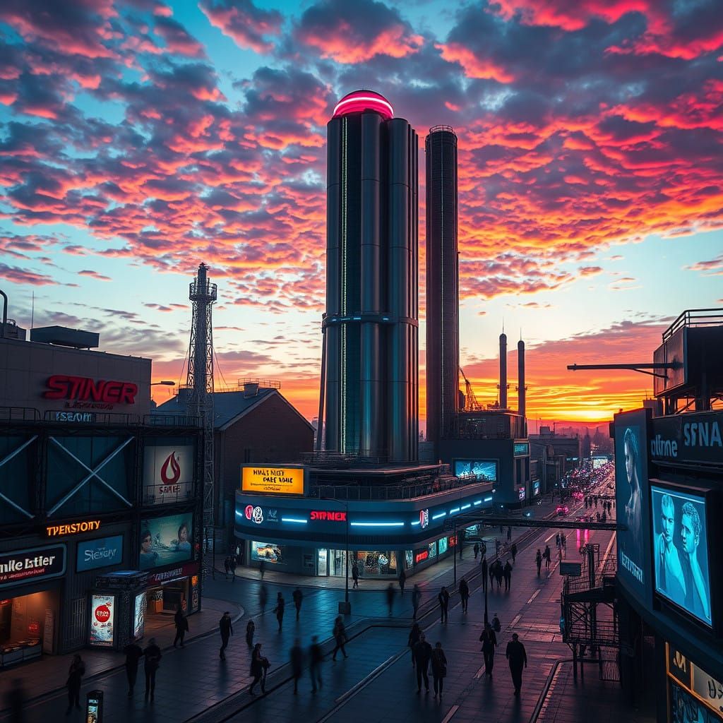 Futuristic Metropolis with Towering Skyscraper and Neon Ligh...