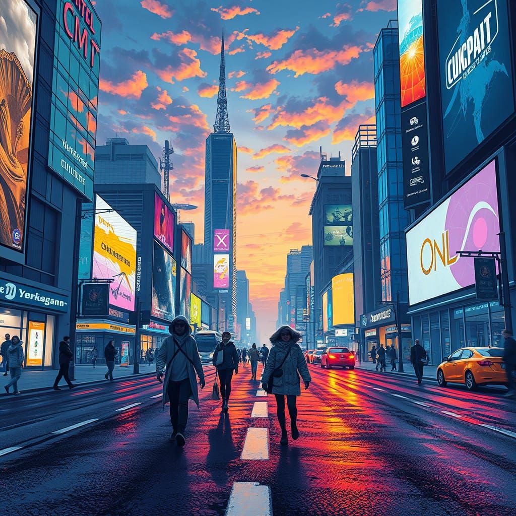 Cyberpunk Cityscape at Dusk with Neon Billboards and Futuris...