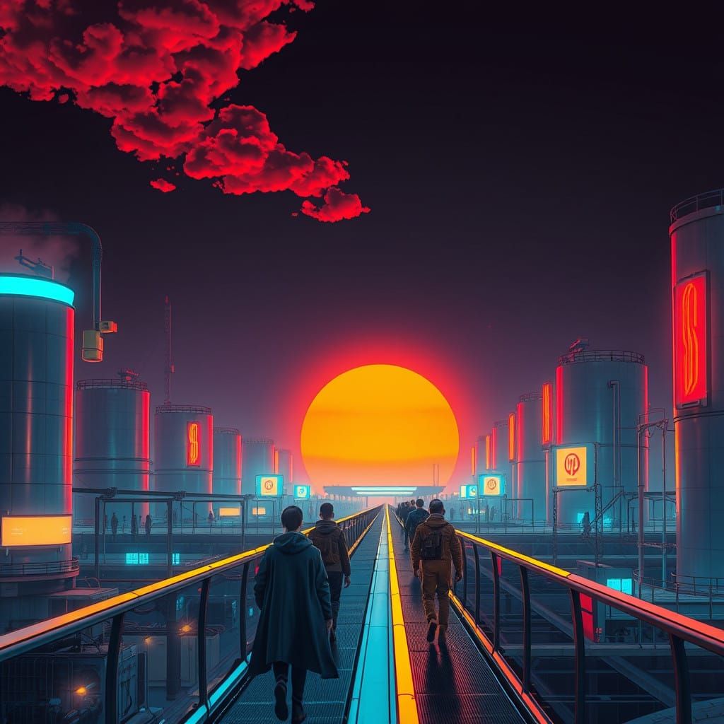 Futuristic Cityscape at Sunset with Neon Signs and High-Tech...
