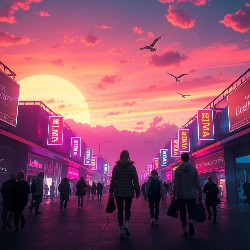 Sky Scrapers, Futuristic Cityscape at Dusk, Neonlit Building...