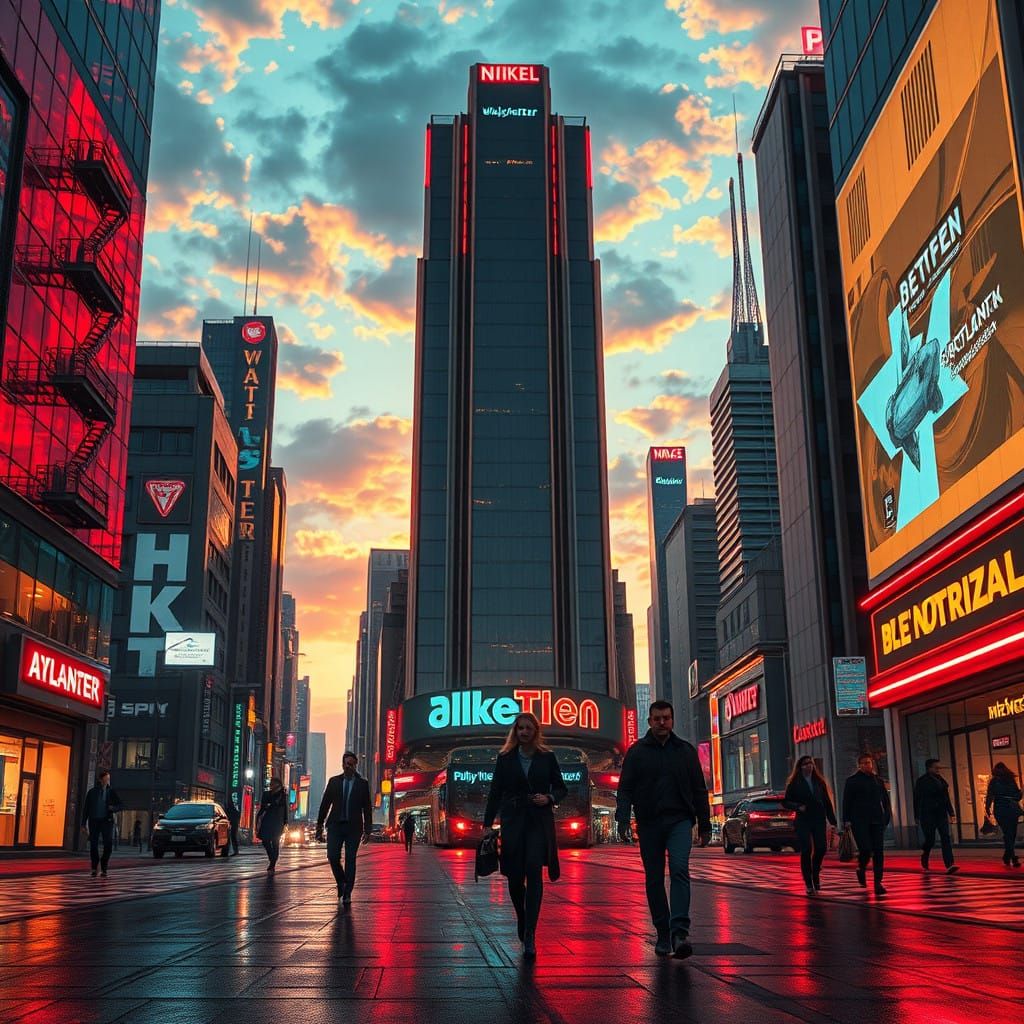 Futuristic Cityscape at Dusk with Glowing Advertisements and...