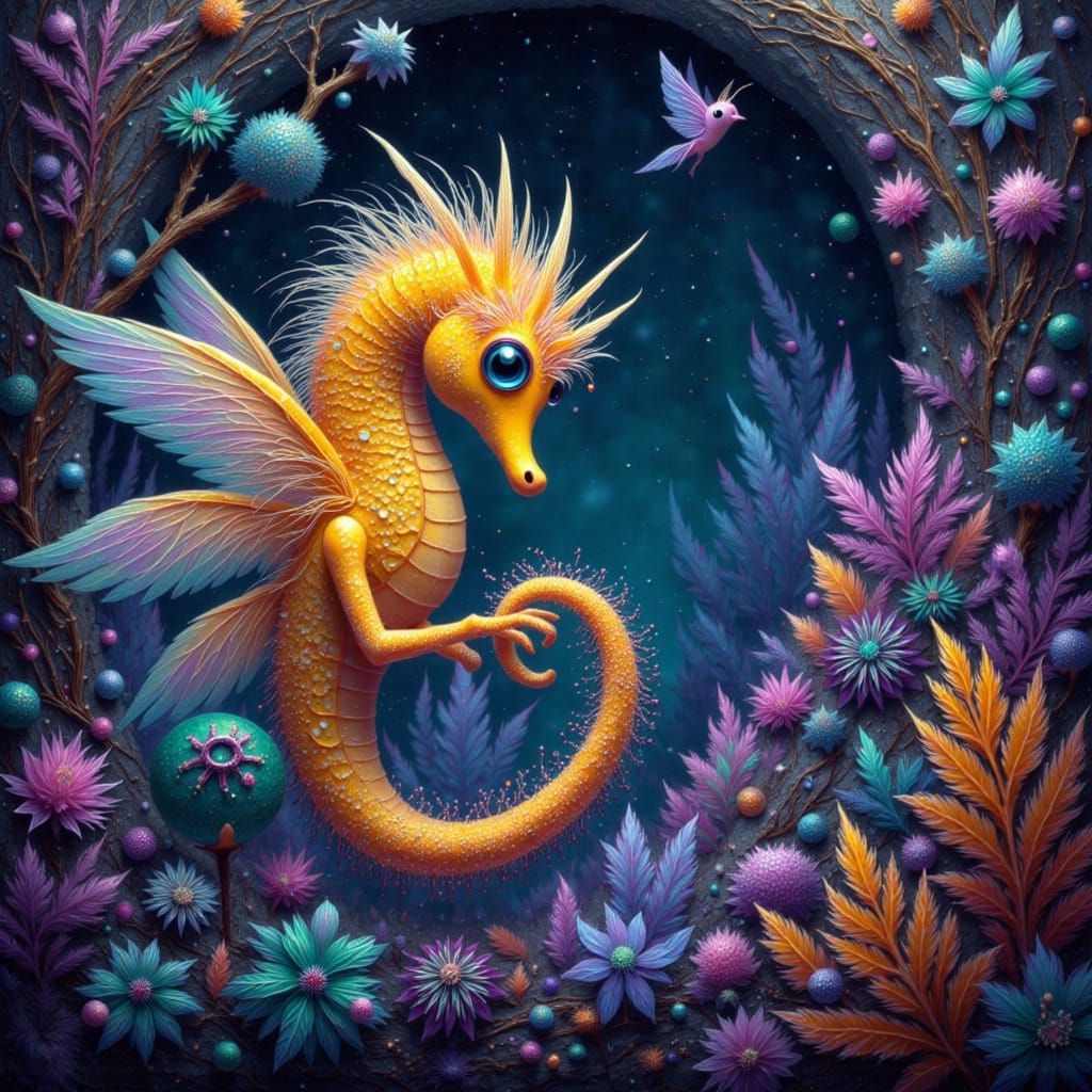 Iridescent Seahorse Creature in Bioluminescent Cave