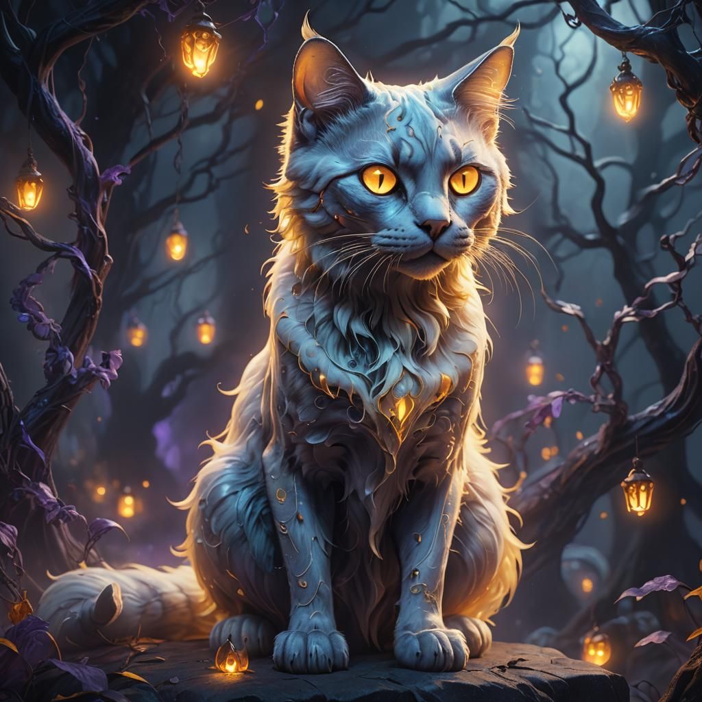 Ethereal Ghost Cat in Ink Style Digital Painting