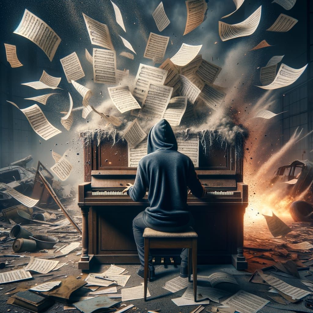 Hyperrealistic Piano Player in Chaotic Scene