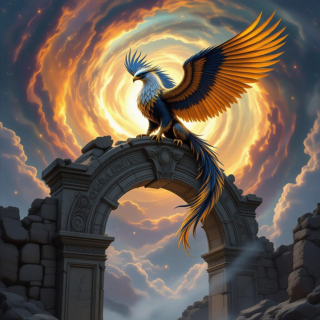 Griffin Perched on Ancient Archway with Nebula Vortex
