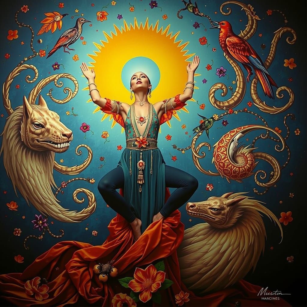 Psychedelic Garden Blooms with Cosmic Mystery and Regal Acce...