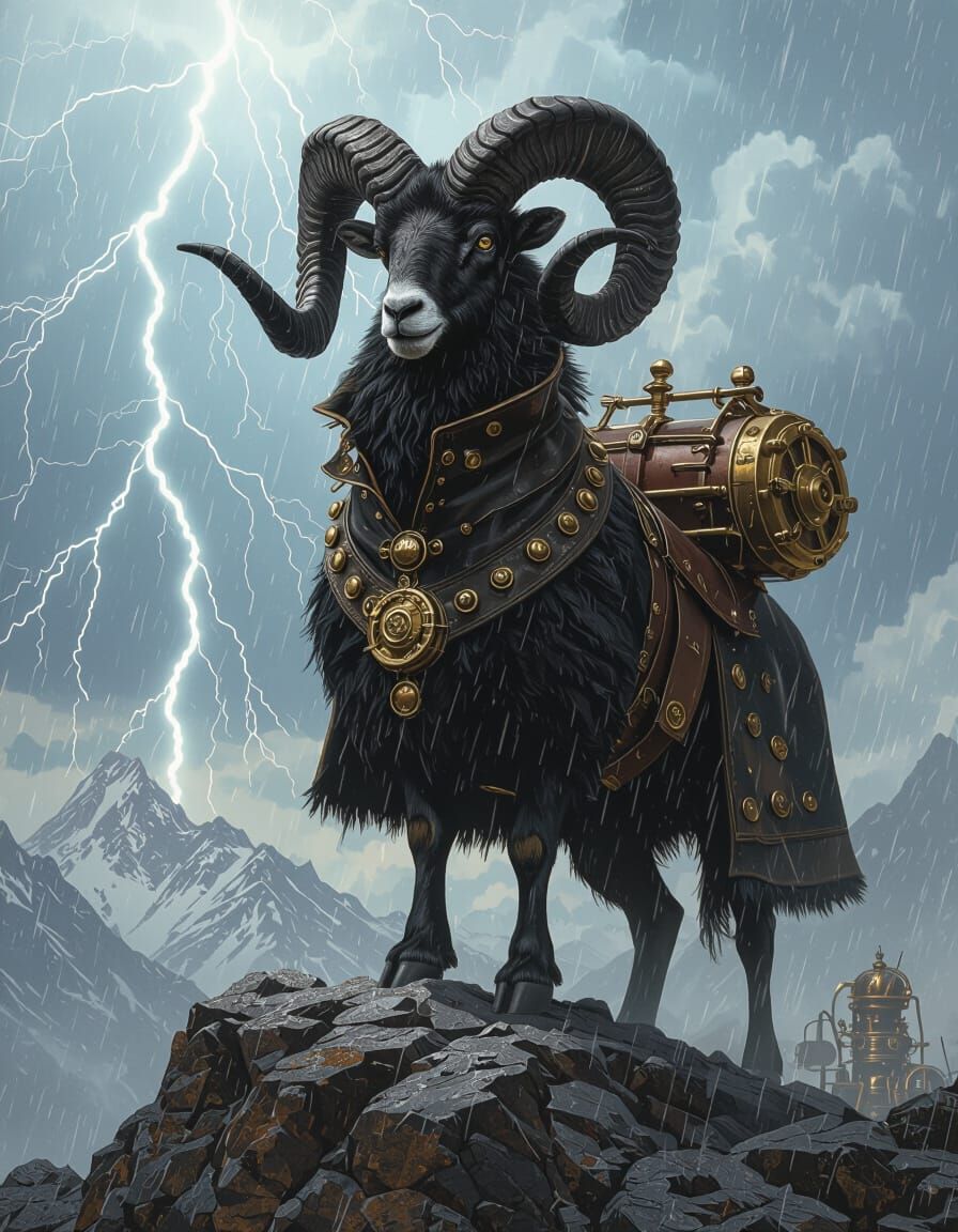 Steampunk Black Ram King on Mountain Peak