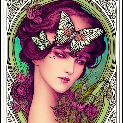 Art Nouveau Butterfly Woman: Detailed Illustration