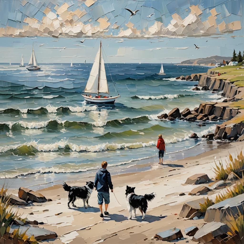 Impasto Beach Scene with Sailboat and Border Collie