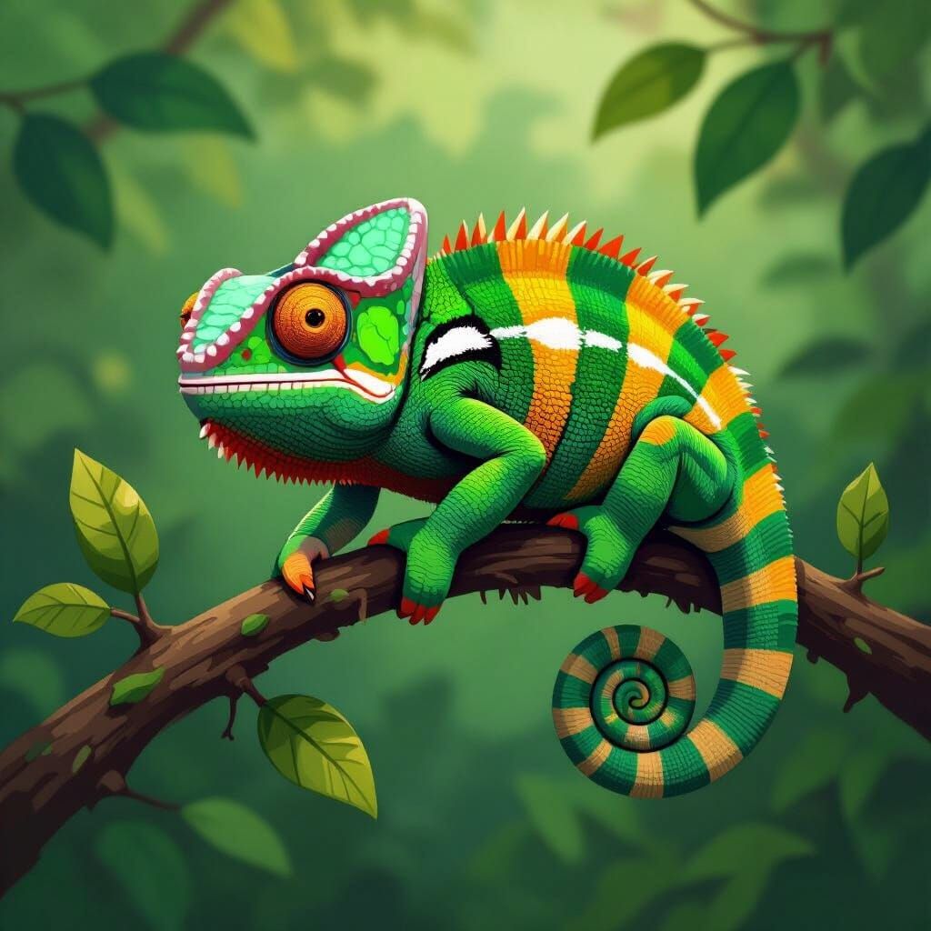 Colorful Chameleon on Rainforest Branch in Digital Art Style