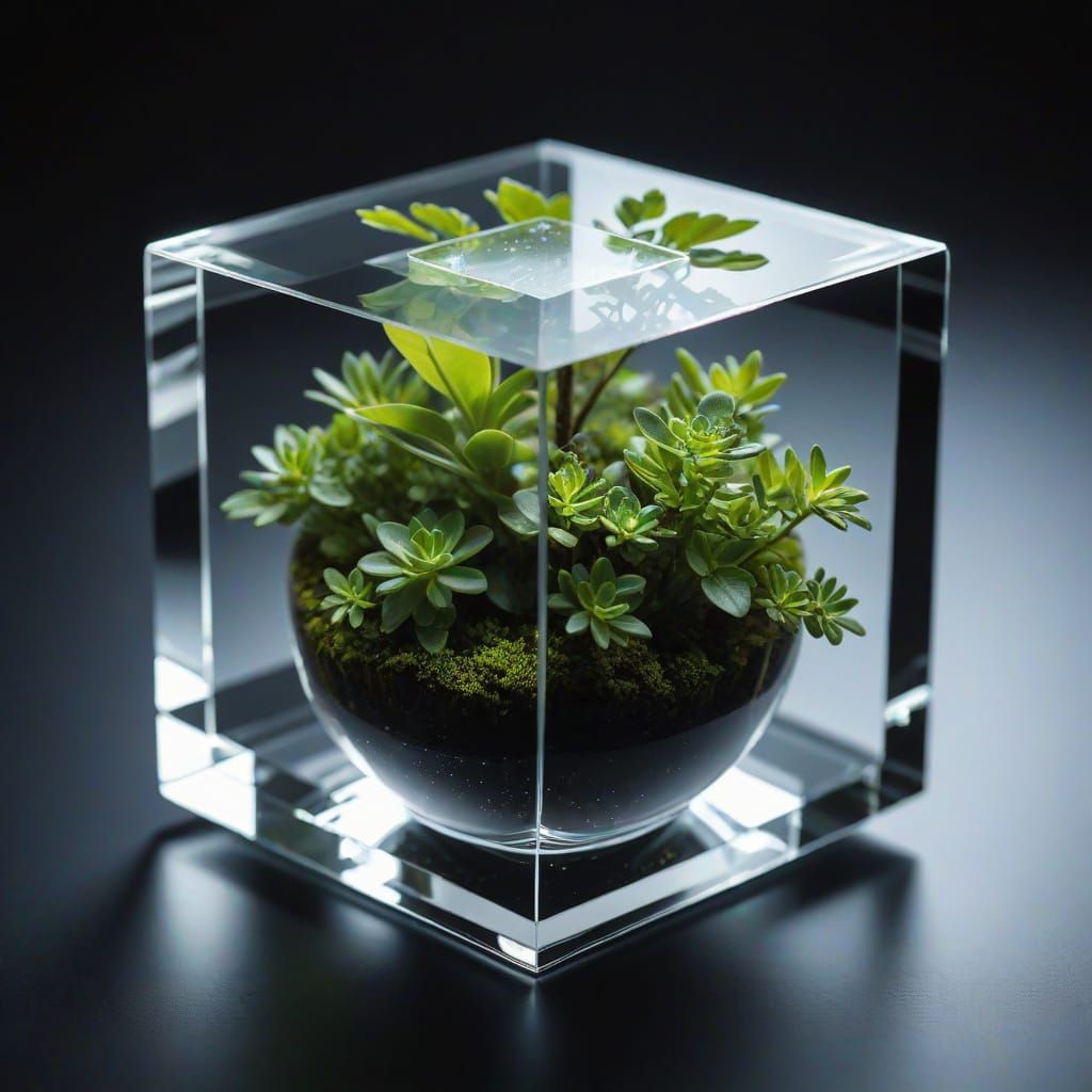 Crystal Cube with Glowing Terrarium