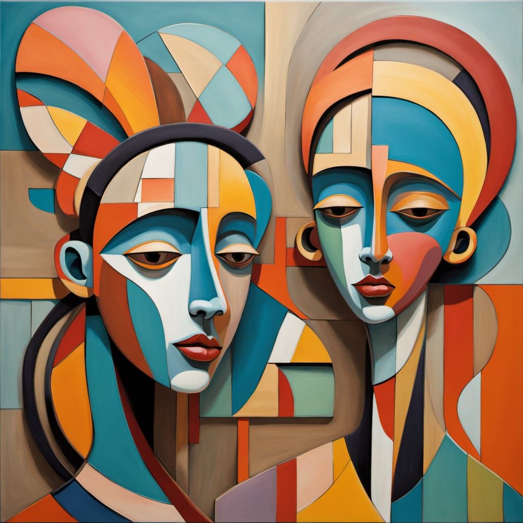 Abstract Wooden Couple in Vibrant Colors