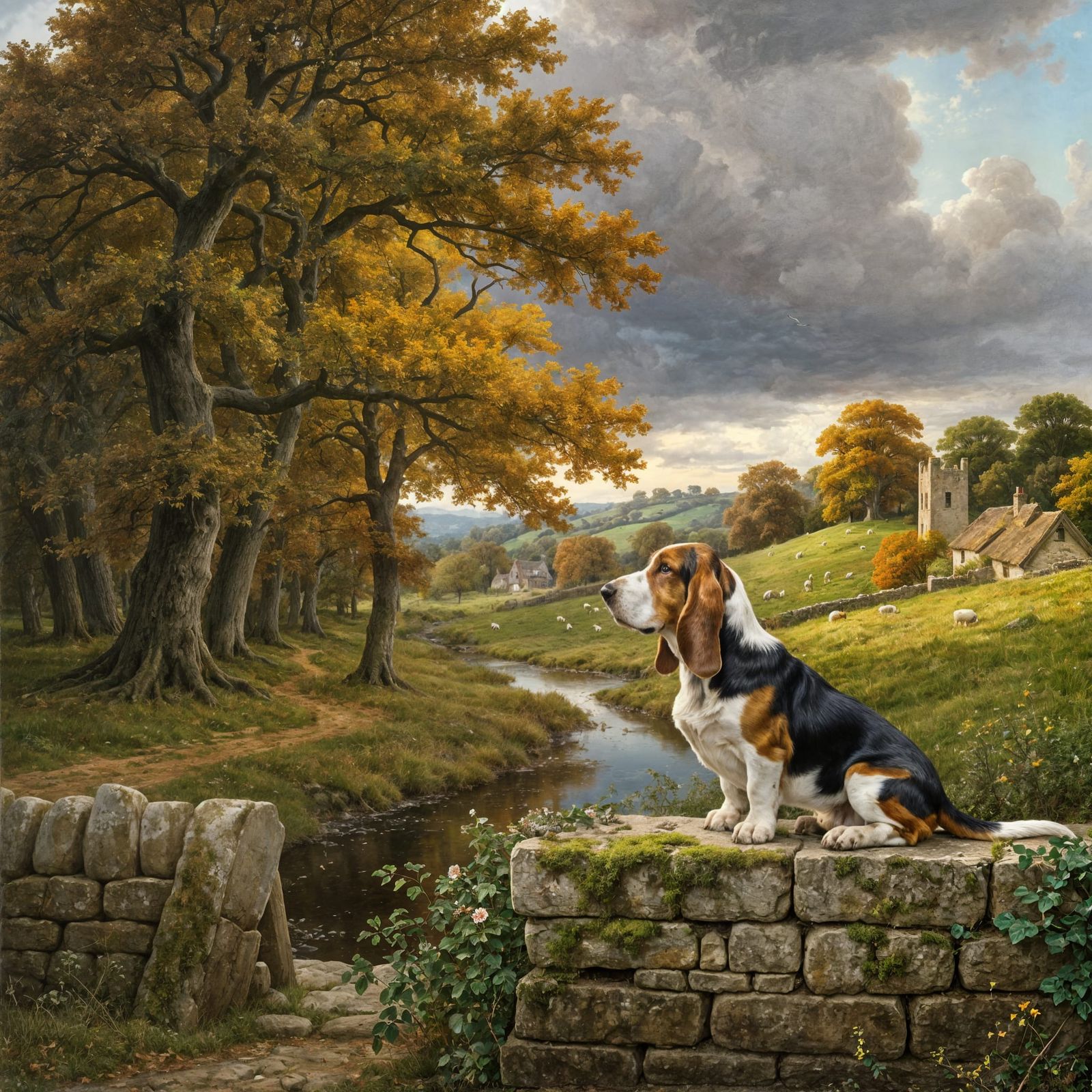 Basset Hound in Autumn English Countryside Landscape