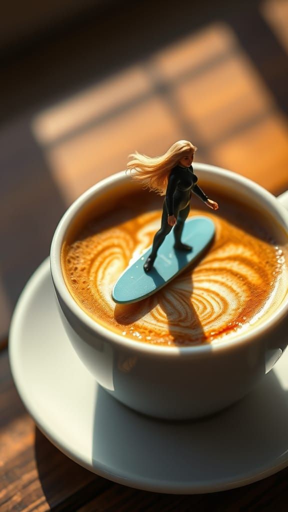 Hyperrealistic Porcelain Coffee Cup Scene with Surfer Woman