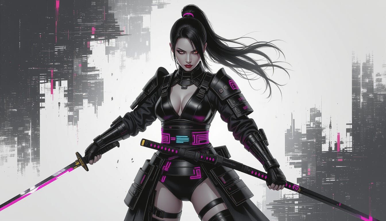 Cyberpunk Samurai Oath Ritual in Black and White