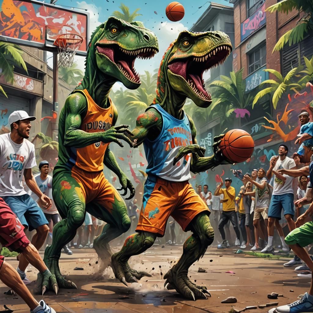 Tyrannosaurs Play Basketball in Graffiti Art Style