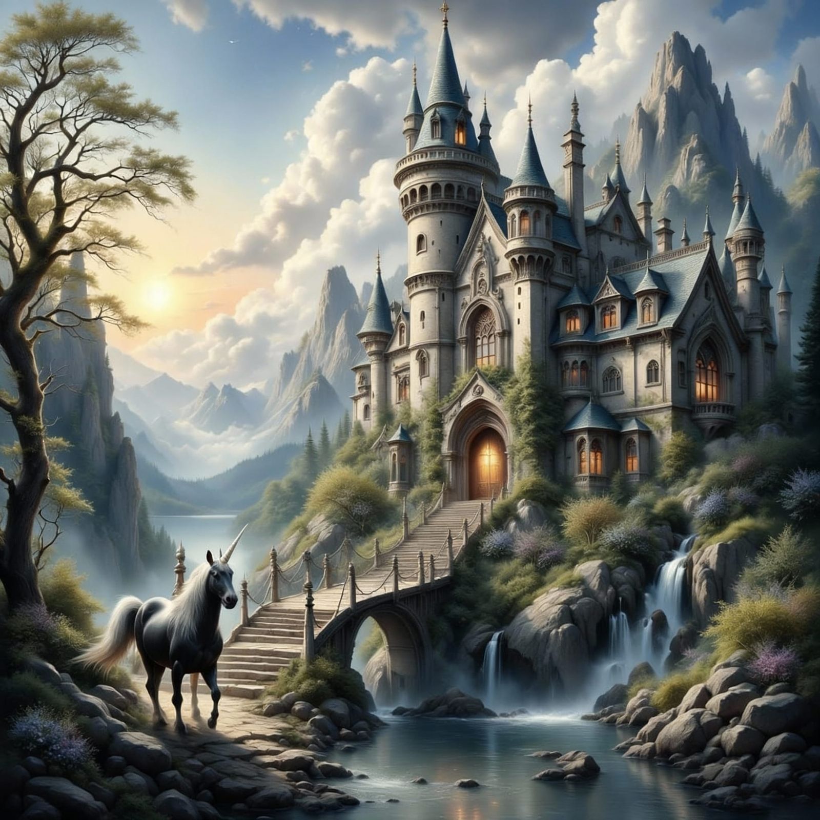 Majestic Unicorn Palace Entrance with Celestial Beings