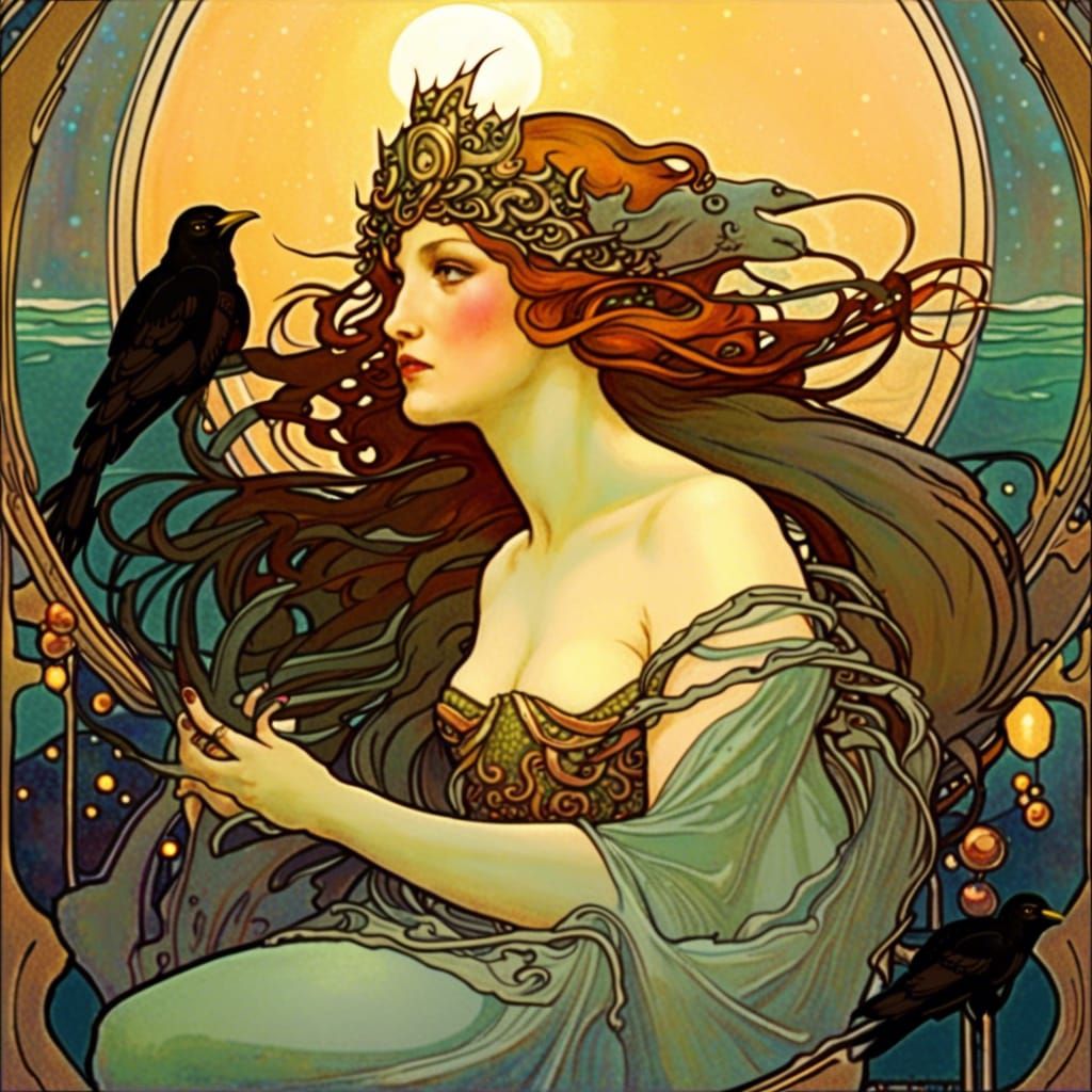 Ethereal Siren Mermaid Queen in Art Nouveau Style