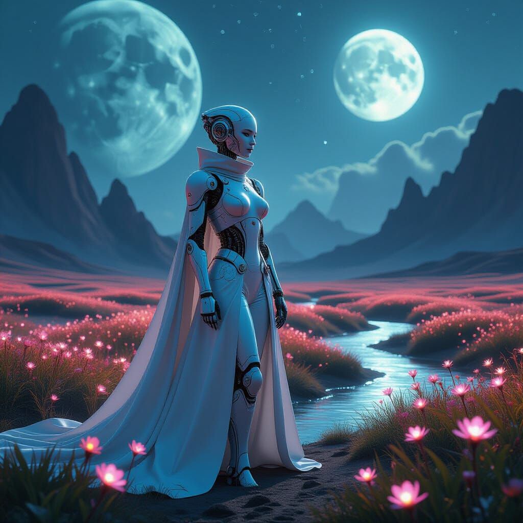 Cyborg Woman in Bioluminescent Alien Landscape