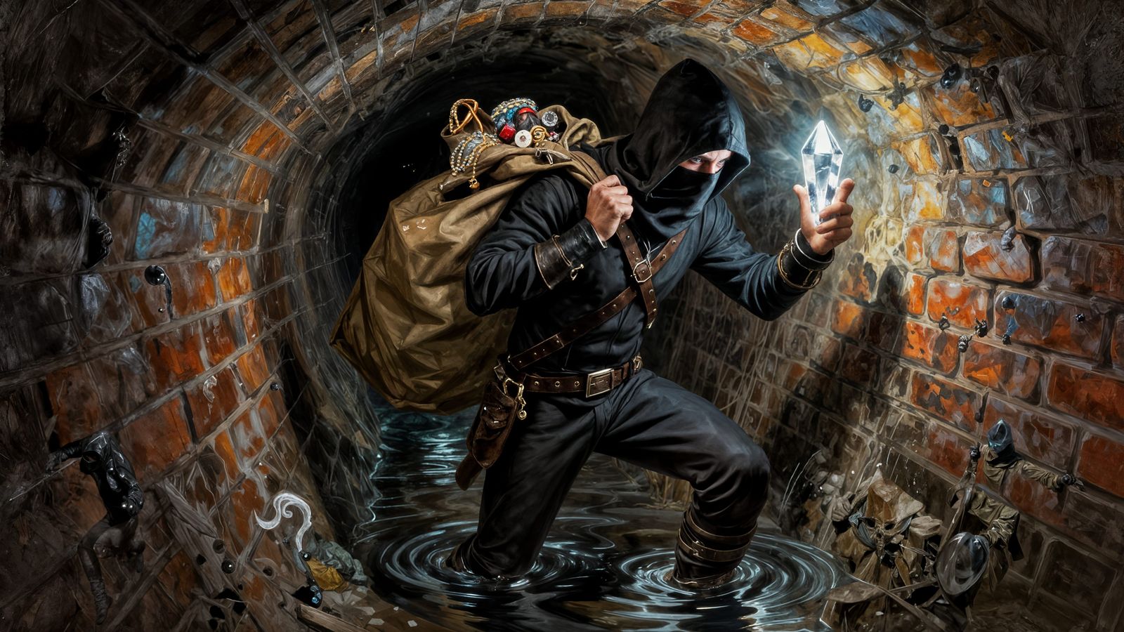 Thief With Glowing Crystal in Medieval Sewer