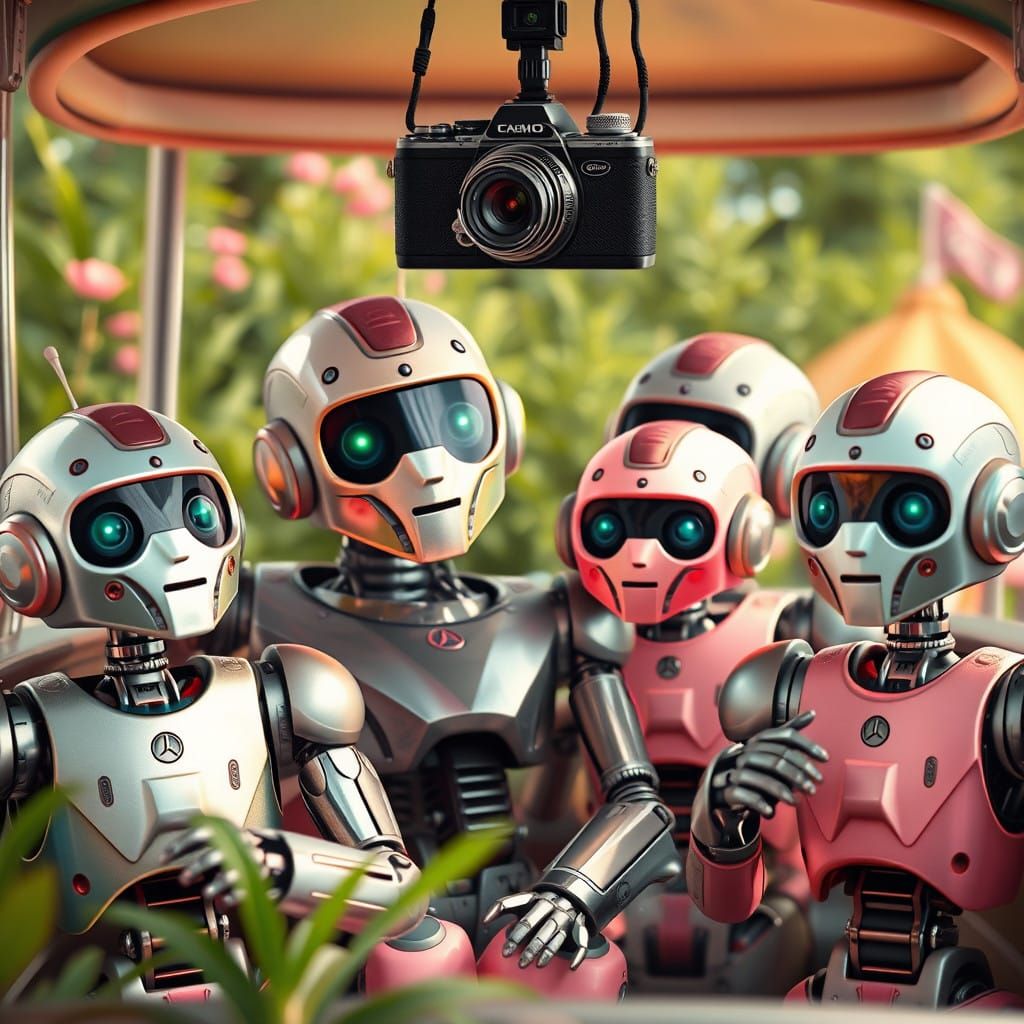 Robots Celebrate Joyful Family Carnival in Soft Impressionis...