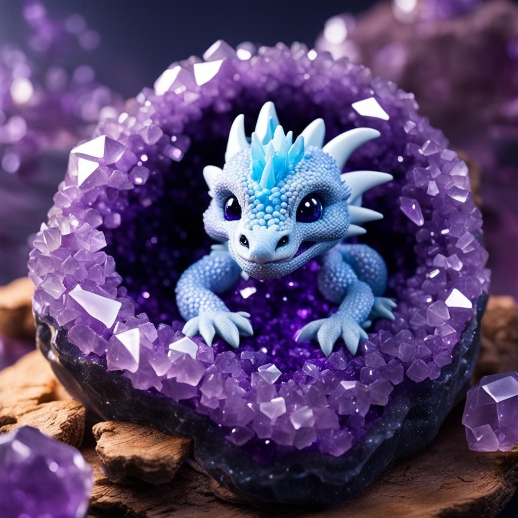 Crystal Dragon Hatching from Amethyst Geode
