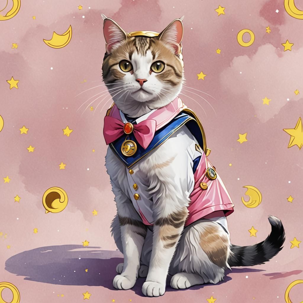 Cat Cosplaying as Sailor Moon in Anime Style