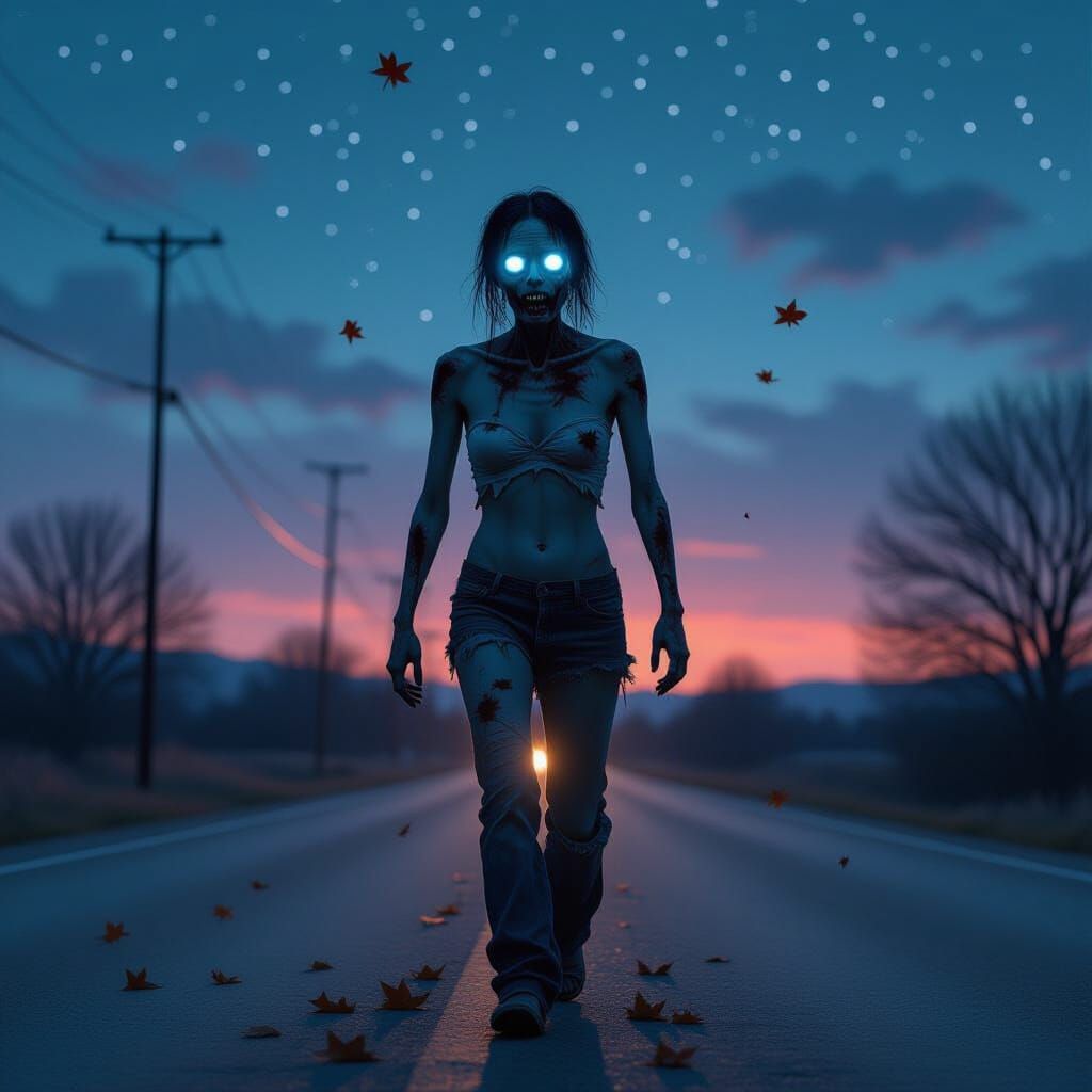 Melancholic Zombie Figure on Empty Road at Dusk