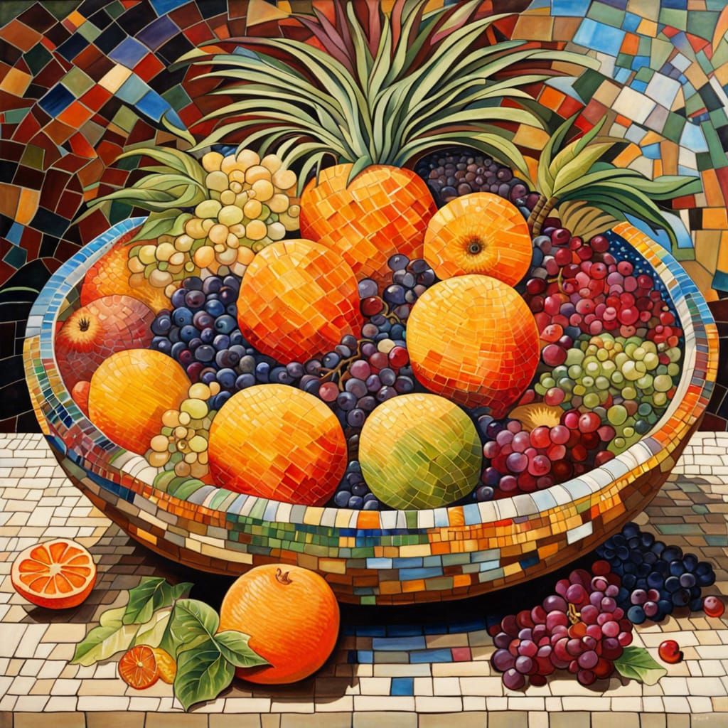 Mosaic Fruit Bowl Oil Painting Masterpiece