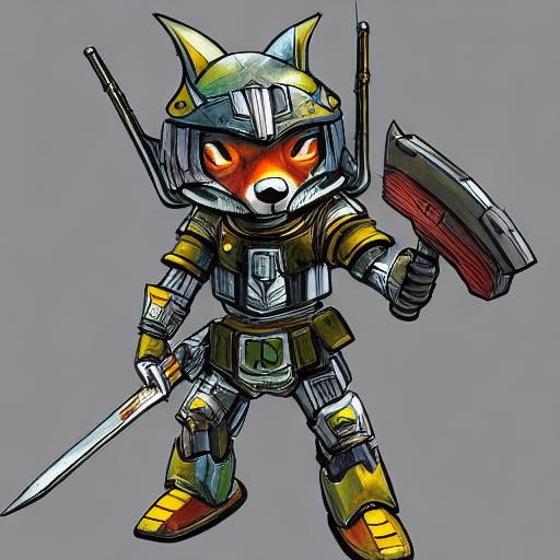 Chibi Fox with Hammer in Synthpunk Mecha Armor