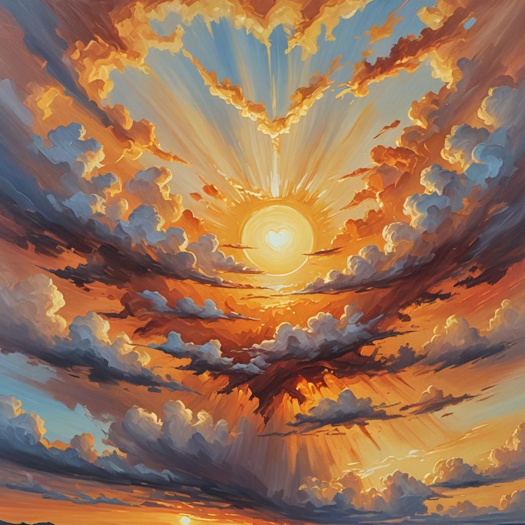 Heart-Shaped Sun in Sunset Oil Painting