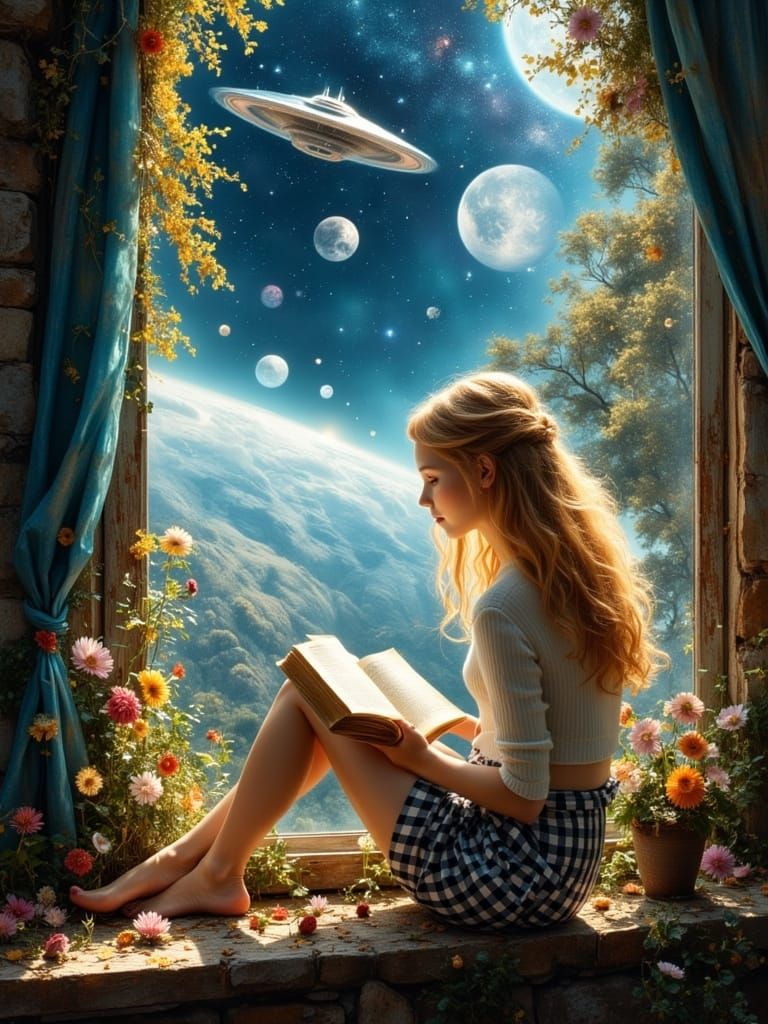 Blonde Girl Reads Book in Front of Window with Stars and Spa...