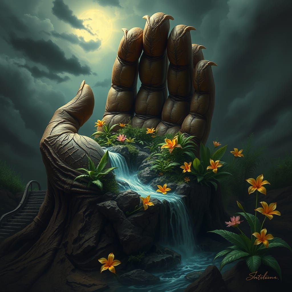 Surreal Earth Hand Emerges with Waterfall