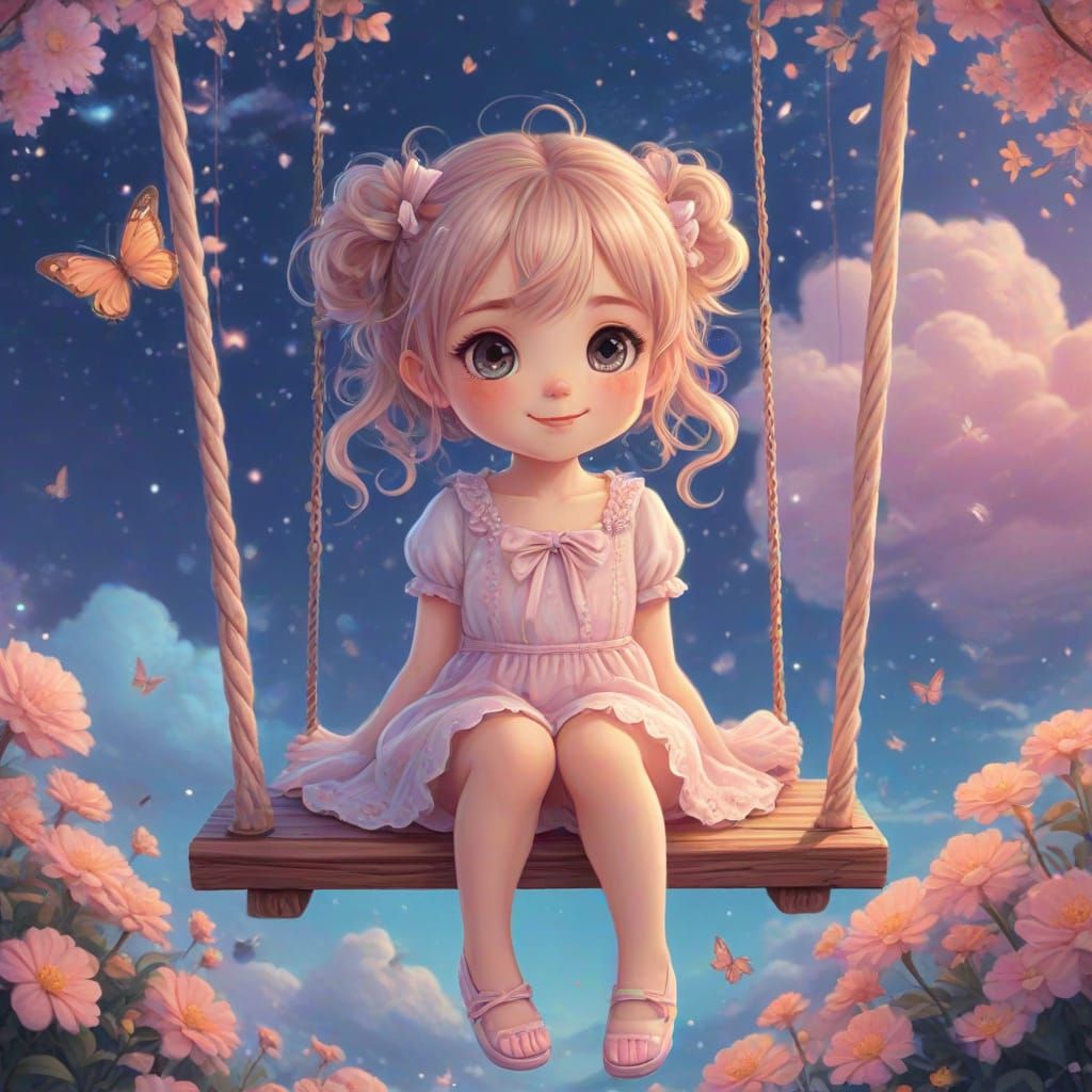 Cute Girl on Swing in Surreal Fantasy World