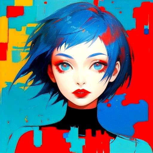Girl with Blue Hair in Abstract Art Style