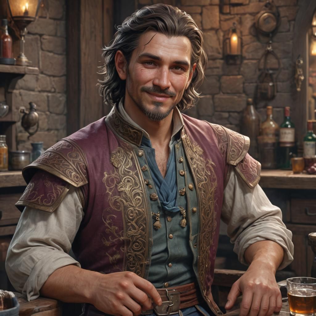 Drunk Fantasy Merchant Portrait in Digital Art Style