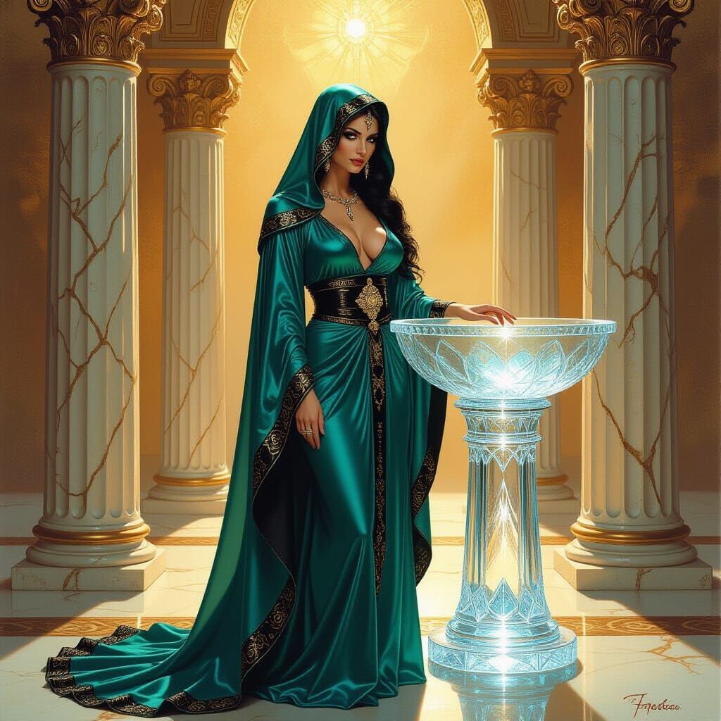 Priestess in Temple Rendered as Fantasy Oil Painting