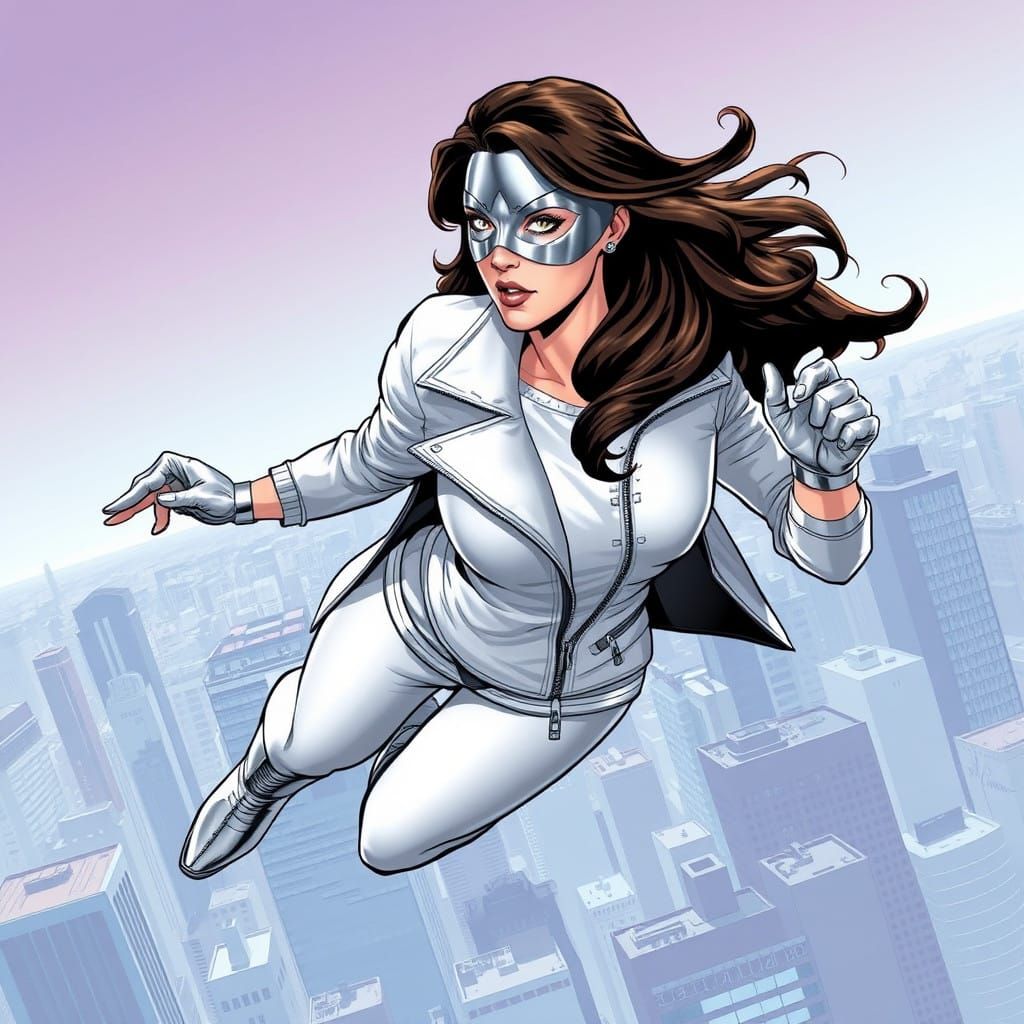 Comic Book Heroine in Flight over Cityscape